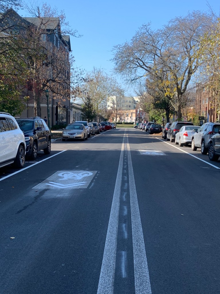 Recently striped Greenleaf looking west towards Poplar Drive (Piper Rothschild © 2022)